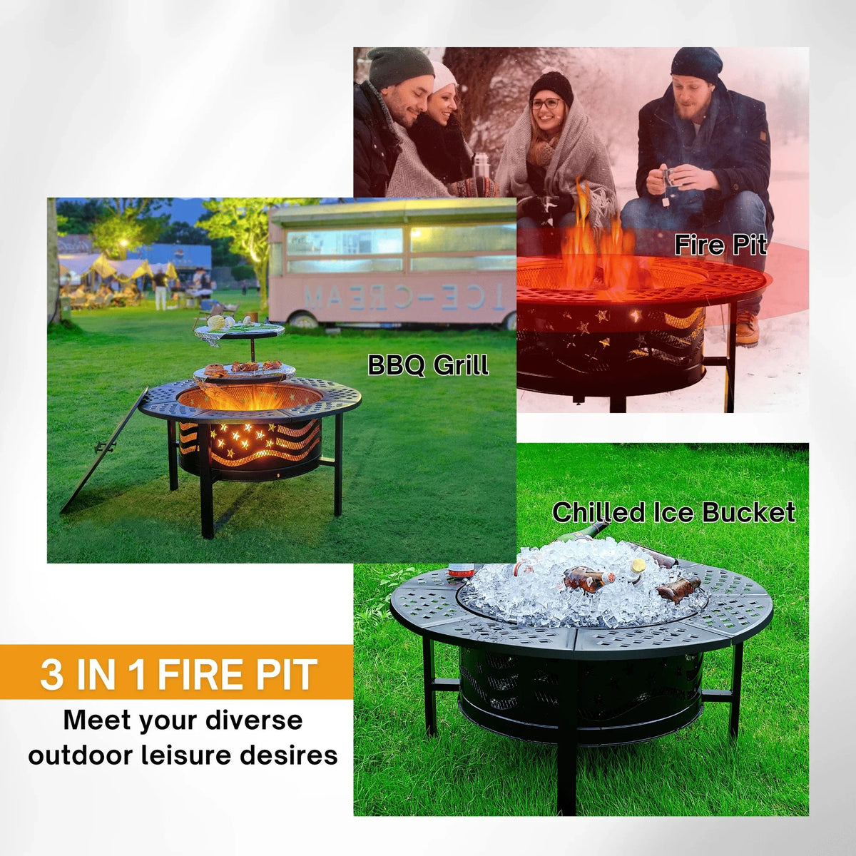 2026 NewTrumanPick Fire Pit for Outside 42" Wood Burning Fire Pit Tables with 2 Adjustable Swivel BBQ Grills, Lid, Poker for Patio Backyard BBQ Ice Storage