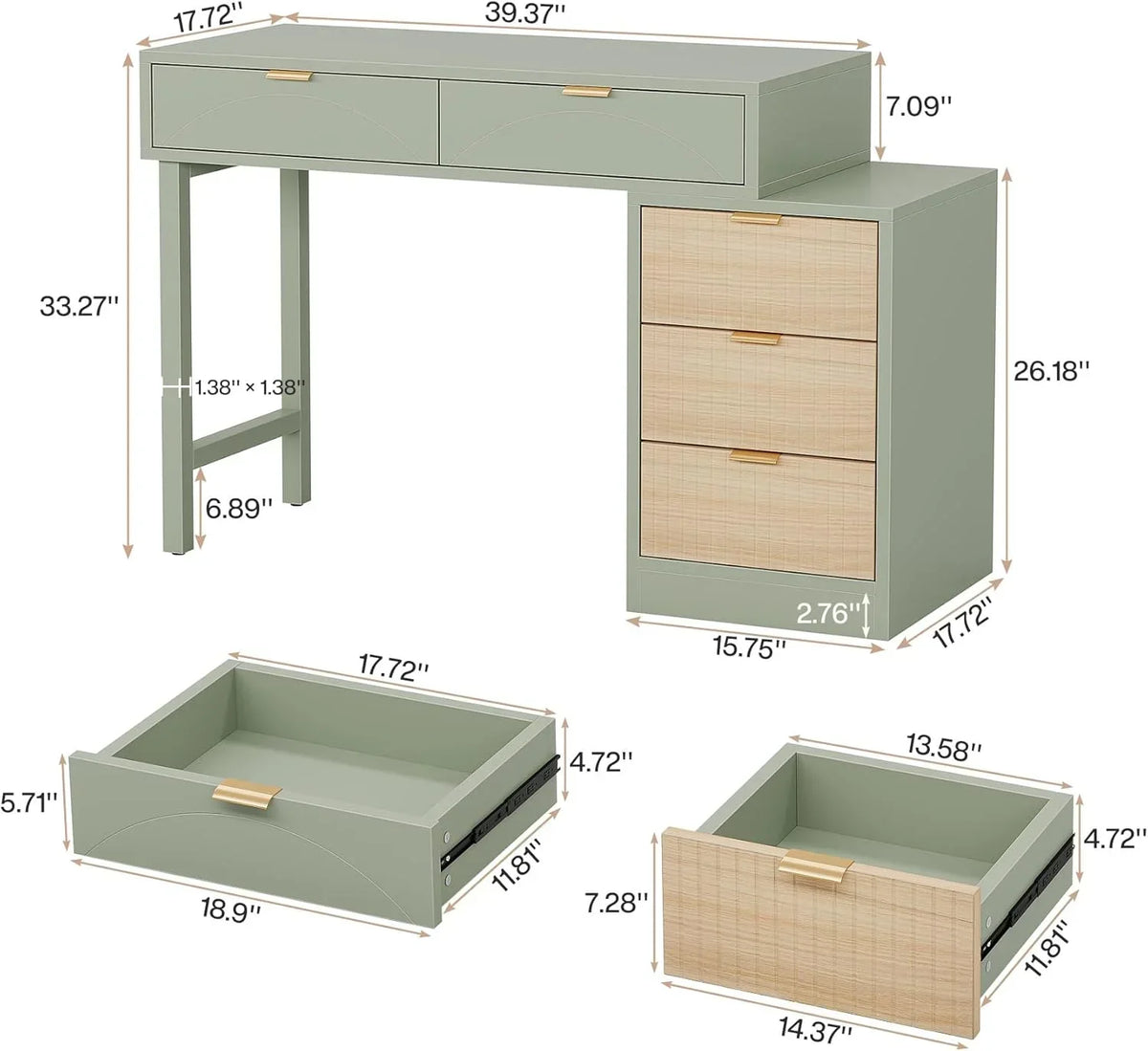 2026 NewTribesigns 39" Reversible Computer Desk with 5 Drawers, Wood Writing Desk for Home Office, Green
