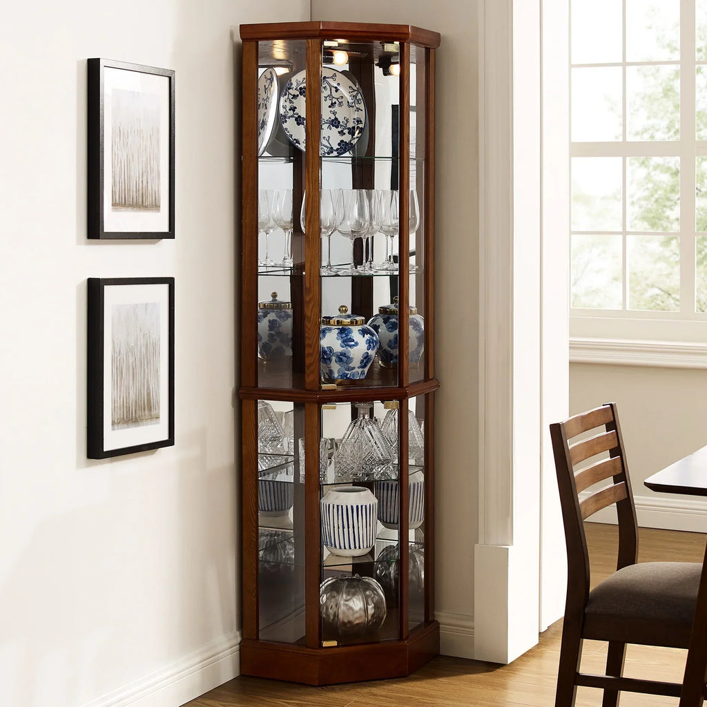 2026 NewWalnut Cabinet With 6 Shelves, Adjustable Glass & Mirrored Back Design Shelf Lighted Corner Curio Shelves In