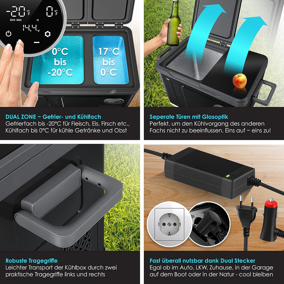 2026 Nevera portátil con compresor KESSER 2 en 1, doble zona de refrigeración y congelación, con 2 acumuladores de frío y control táctil LED | Refrigerador con capacidad de enfriamiento hasta -20 °C para camping, coche y camión, 12/24 V 230 V