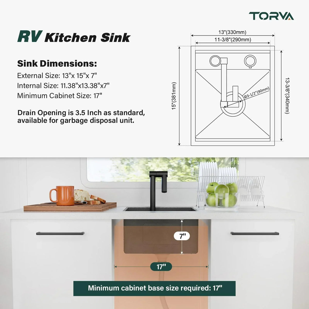 2026 NewTORVA RV Kitchen Sink, 13 x 15 x 7 Inch Undermount Bar Sink 16 Gauge Stainless Steel Single Bowl Sink with Foldable Faucet Cutting Board, Dark Grey
