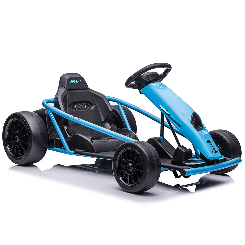 2026 NewSimzone Go Kart for Kids 24V Battery 300WX2 Motors Pedal On Foot Go Cart 8MPH High Speed Drifting Car with Slow Start Function Music Elastic Durable Tires, Blue
