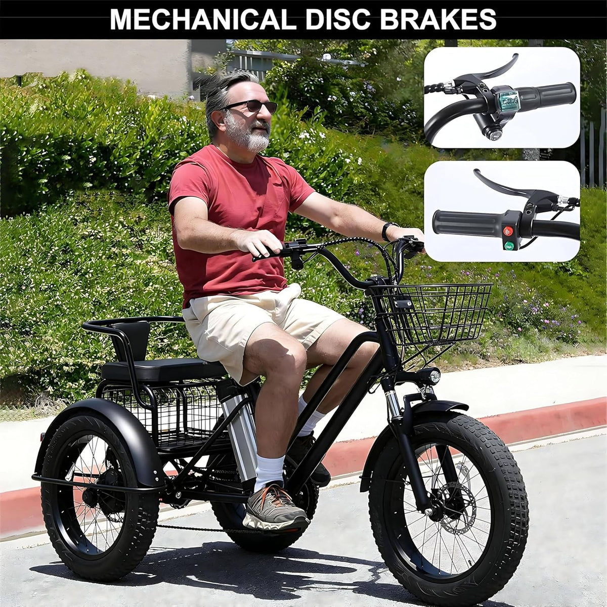 2026 Triciclo Eléctrico Para Adultos,Con Neumáticos Anchos Todoterreno De 20" X 4.0,Cesta De La Compra Y Asiento Trasero,Batería Extraíble De 48v/12ah,Carga 200 Kg,Ideal Para Ir De Compras, Pícnics