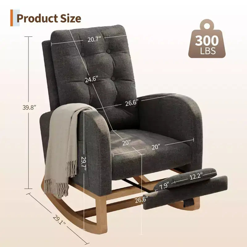 2026 Sillón mecedora deslizante tapizado con bolsillo lateral, estructura de madera, 1 plaza