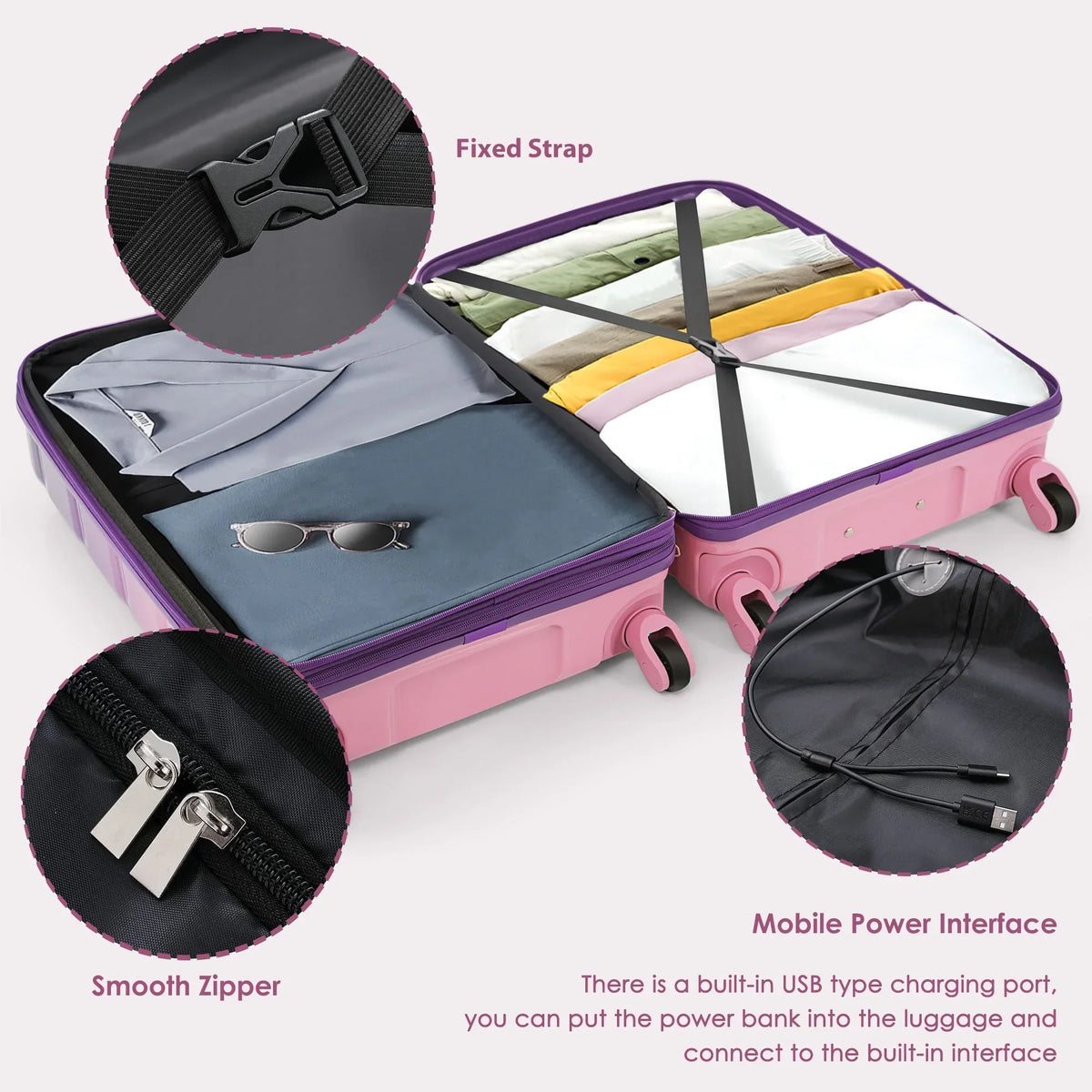 2026 NewPAPROOS 3-Piece Luggage Set (20''/24''/28''), Hardshell Lightweight Suitcase with USB Port and Side Hooks, Travel Luggage with TSA-Lock, Hardside Rolling Luggage for School, Travel, Pink