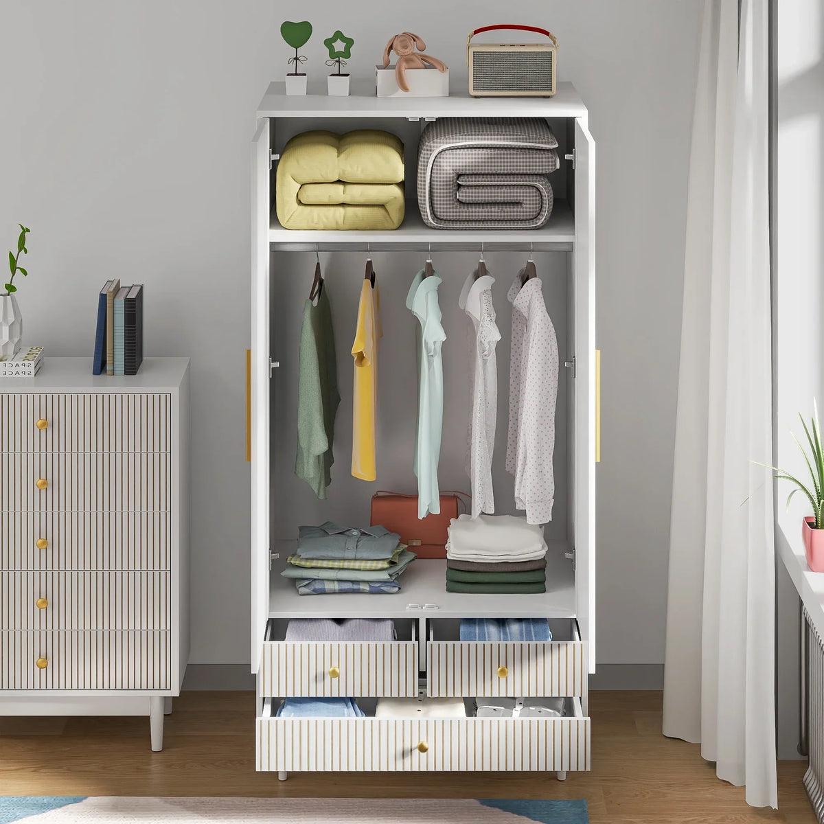 2026 NewOubayajia Wardrobe Armoire Closet, 2 Fluted Doors Wardrobe Cabinet with 3-Drawer and Hanging Rod, Wood Wardrobe Storage for Bedroom