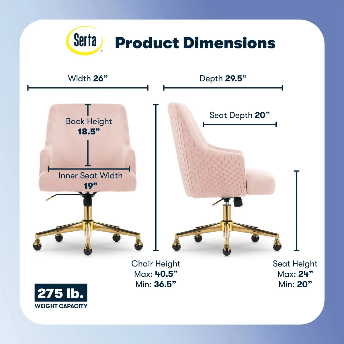 2026 NewSerta Scarlett Modern Mid-Back Office Chair Velvet Fabric Gold Metal Base Pink