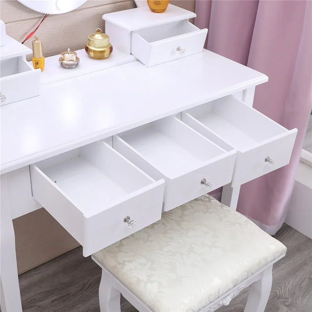 2026 NewKtaxon Vanity Table 10 LED Lights, 5 Drawers Makeup Dressing Desk with Cushioned Stool Set,Bedroom Vanities Set White