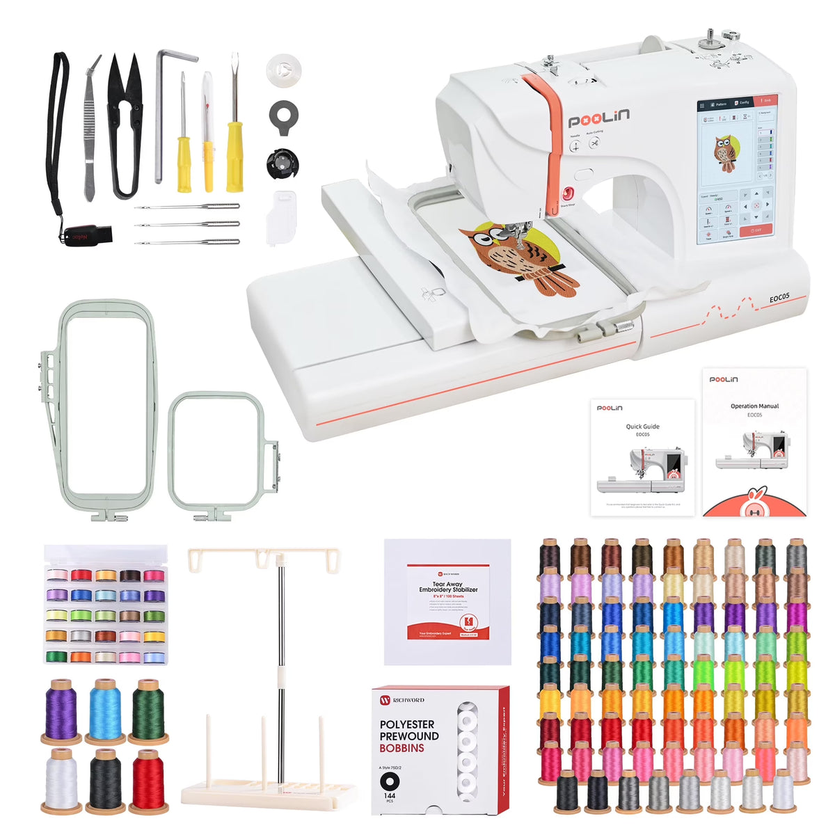 2026 NewPoolin EOC05 Embroidery Machine 4x9.25" Area, 7" Touch Screen with kit