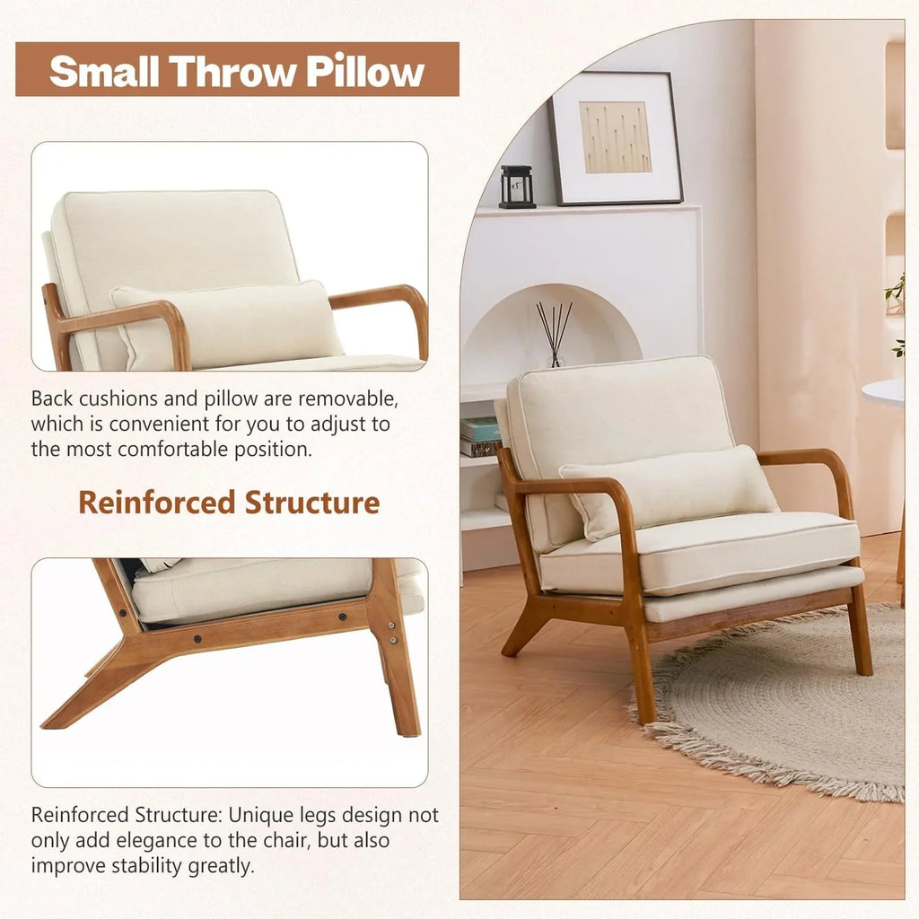 2026 NewAccent Chairs, Single Linen Lounge Reading Armchair with Solid Wood Frame, Mid Century Modern Easy Assembly Arm Chairs for Living Room-Beige