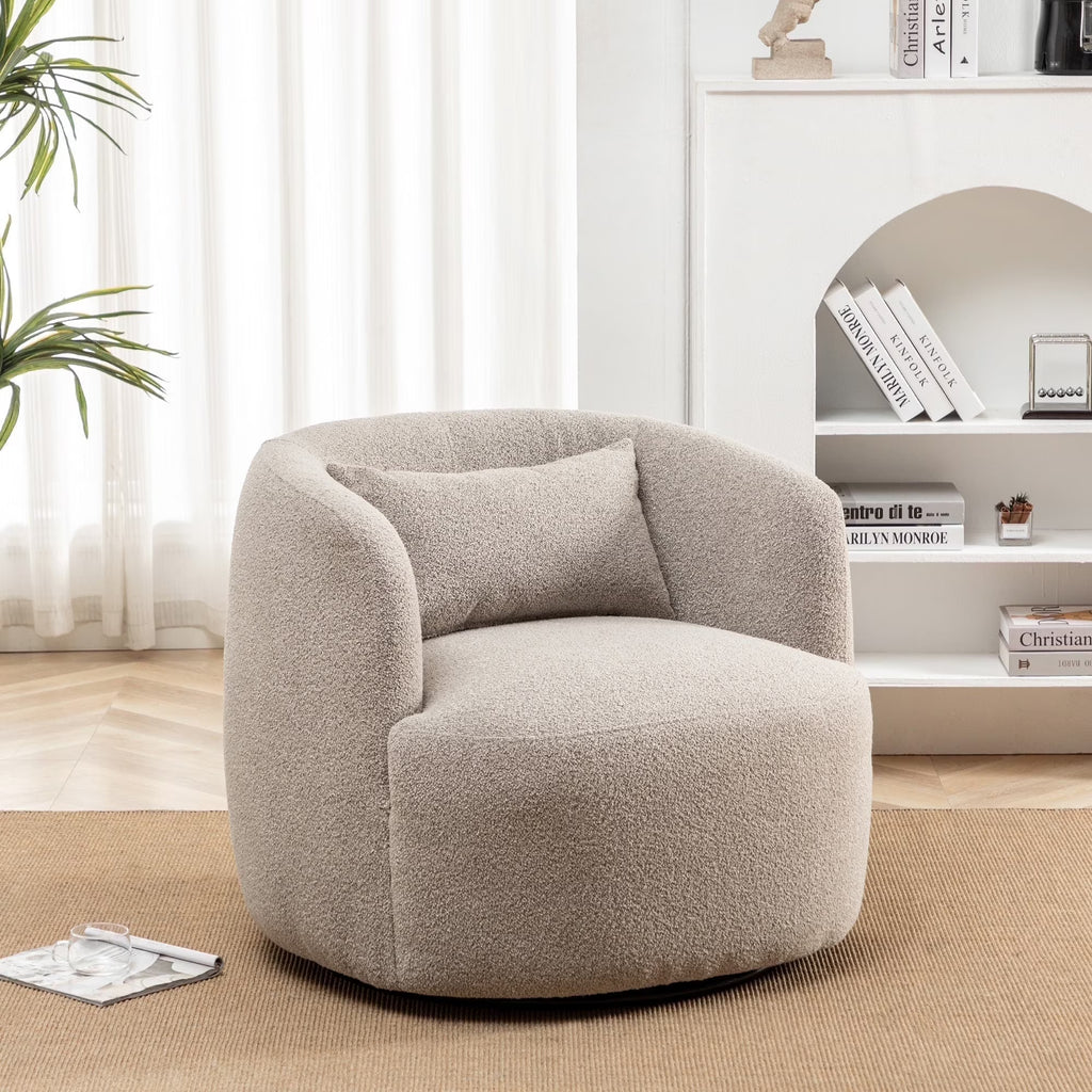 2026 New34" Wide Boucle Swivel Barrel Chair, No Assembly Round Upholstered Armchair Accent Chair Single Sofa Chair with Toss Pillow for Living Room and Bedroom, Taupe