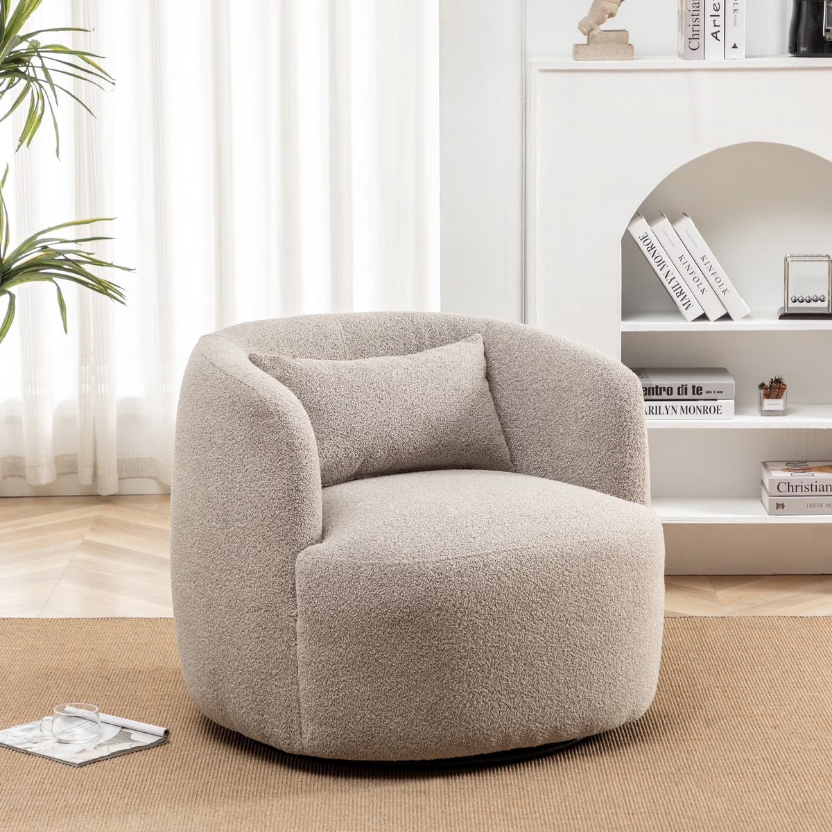 2026 New34" Wide Boucle Swivel Barrel Chair, No Assembly Round Upholstered Armchair Accent Chair Single Sofa Chair with Toss Pillow for Living Room and Bedroom, Taupe