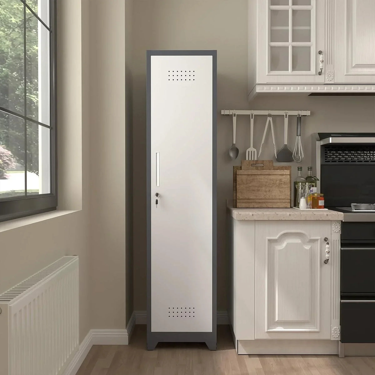 2026 NewMarcree Slim Broom Storage Cabinet, Metal Cabinet with Shelves and Hanging Rod, 65" Utility Storage Cabinet with Locking Door, Tall Cleaning Storage Cabinet for Kitchen, Pantry, Office, Shop, Garage