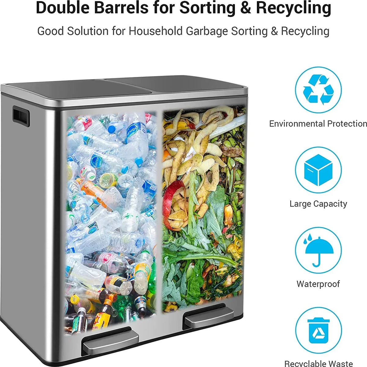 2026 NewArlopu 60 L/16 gal Dual Trash Can, Stainless Steel Garbage Can for Kitchen, Recycle Bin with Lid