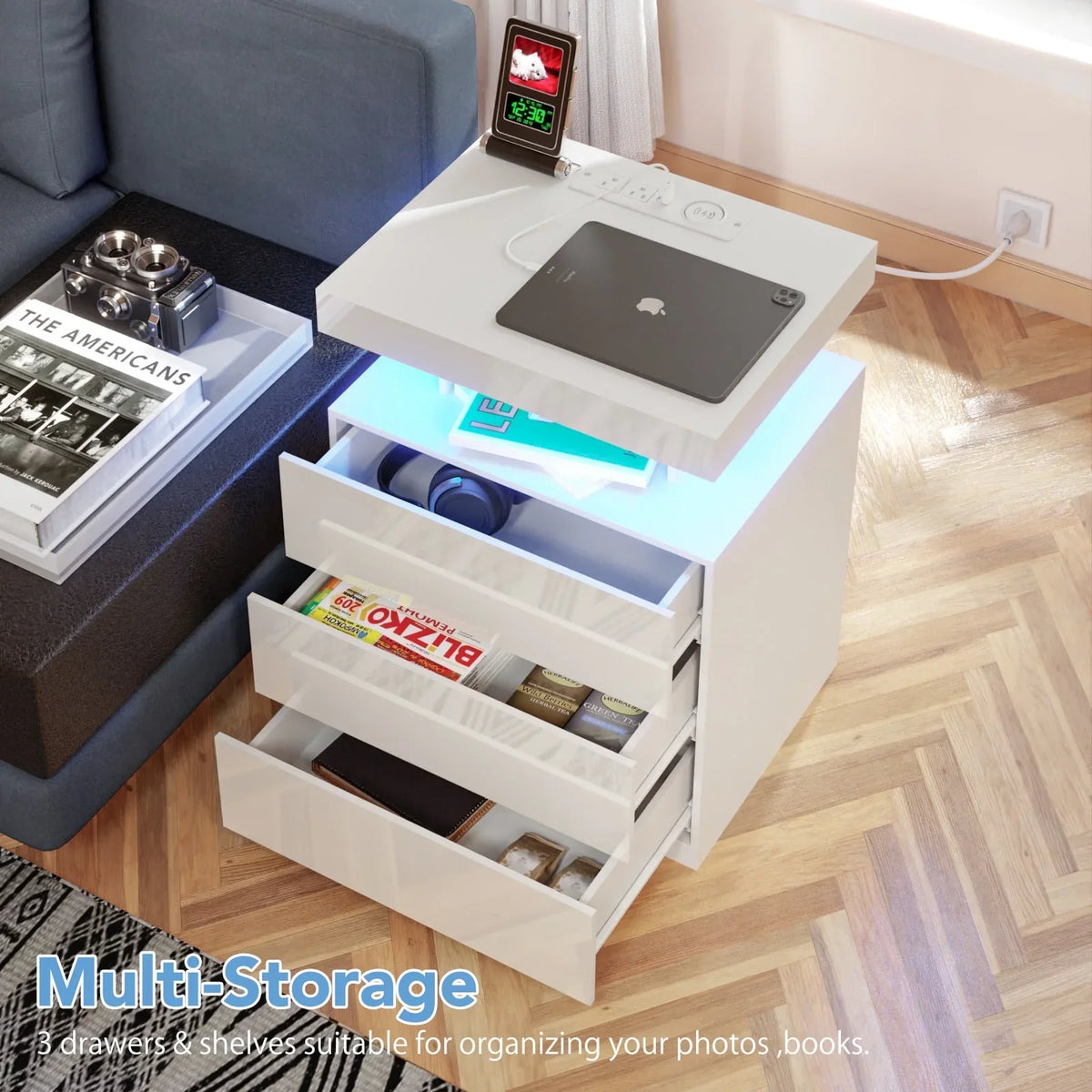 2026 NewHommpa LED Nightstand Wireless Charging Station USB Type C Outlets Bedside Table 3 Drawers Black Night Table Modern Smart Nightstand High Gloss End Side Table for Bedroom Furniture 26.8" Tall