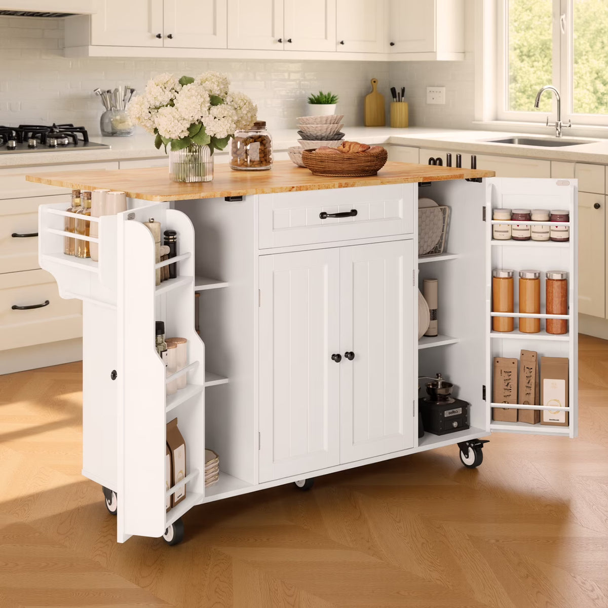 2026 NewNoelse Kitchen Island with Storage, Island Table for Kitchen with Drop Leaf, Spice Rack, Towel Bar for Small Kitchens, White