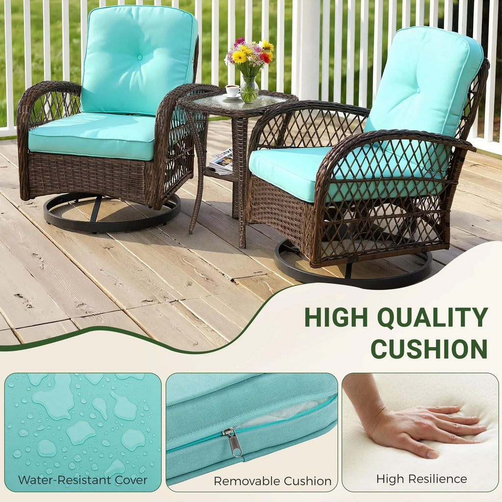 2026 New3 Piece Patio Swivel Rocker Chairs Set, 2 360-Degree Swivel Rocking Chairs with 1 Glass Top Table, PE Rattan Outdoor Bistro Set with Cushions for Balcony Deck Poolside Backyard Porch