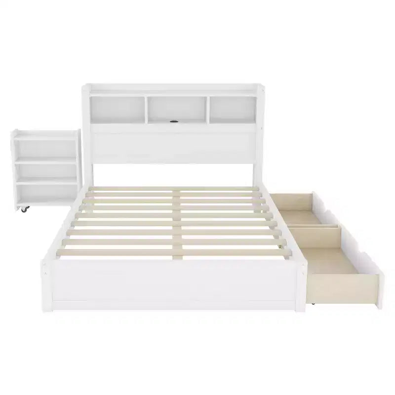 2026 Cama plataforma moderna de madera con cajones de almacenamiento y cabecero LED, natural/blanco, Twin/Full