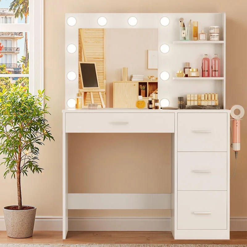 2026 NewLacoo Vanity Desk with Mirror and LED Lights, Makeup Vanity with 7 Drawers & 4 Shelves, Vanity Table with Power Outlet for Bedroom Dressing Room, White
