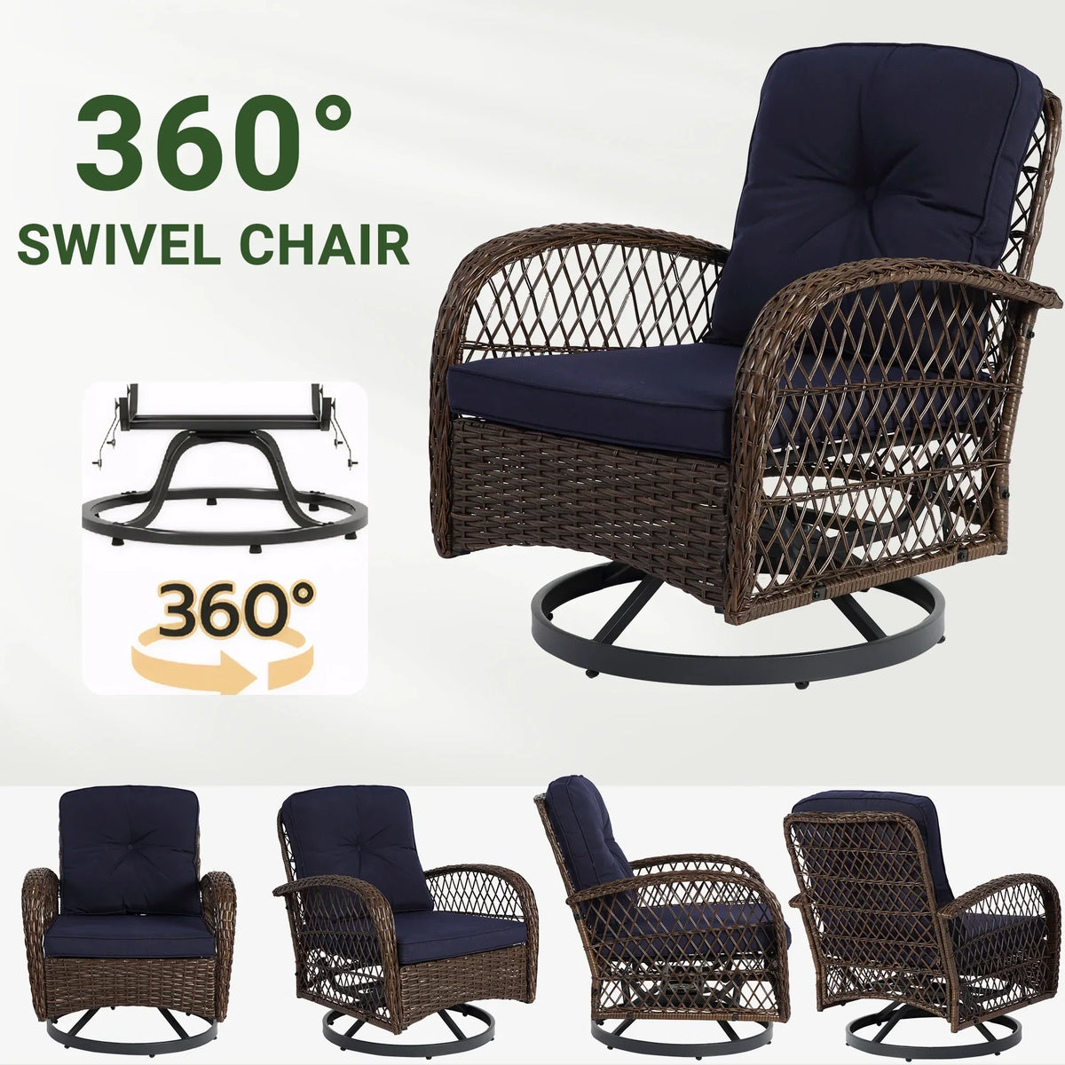 2026 New3 Piece Patio Swivel Rocker Chairs Set, 2 360-Degree Swivel Rocking Chairs with 1 Glass Top Table, PE Rattan Outdoor Bistro Set with Cushions for Balcony Deck Poolside Backyard Porch