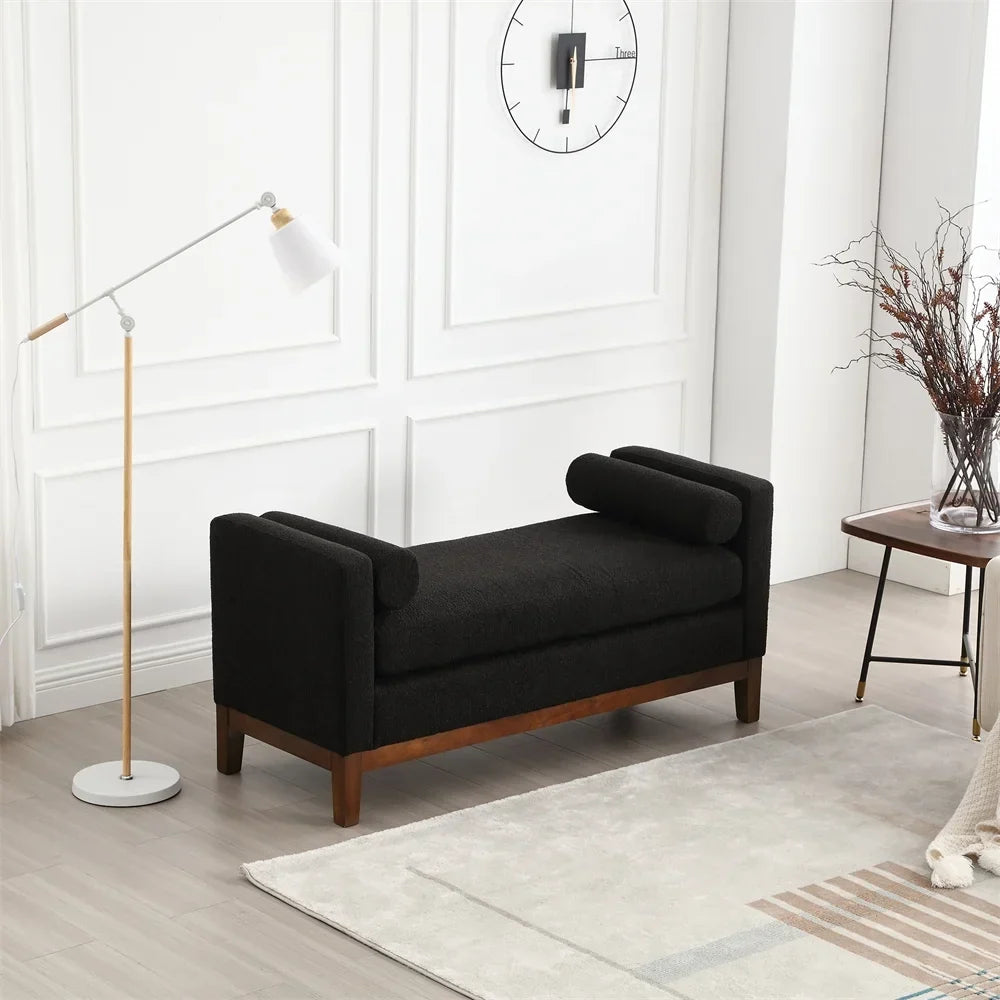 2026 New53.5"W Elegant Upholstered Bench with Wood Legs & Round Pillows,Comfy Boucle Fabric Footrest with Arms, Entryway Bench for End of Bed, Bedroom and Living Room, Ivory