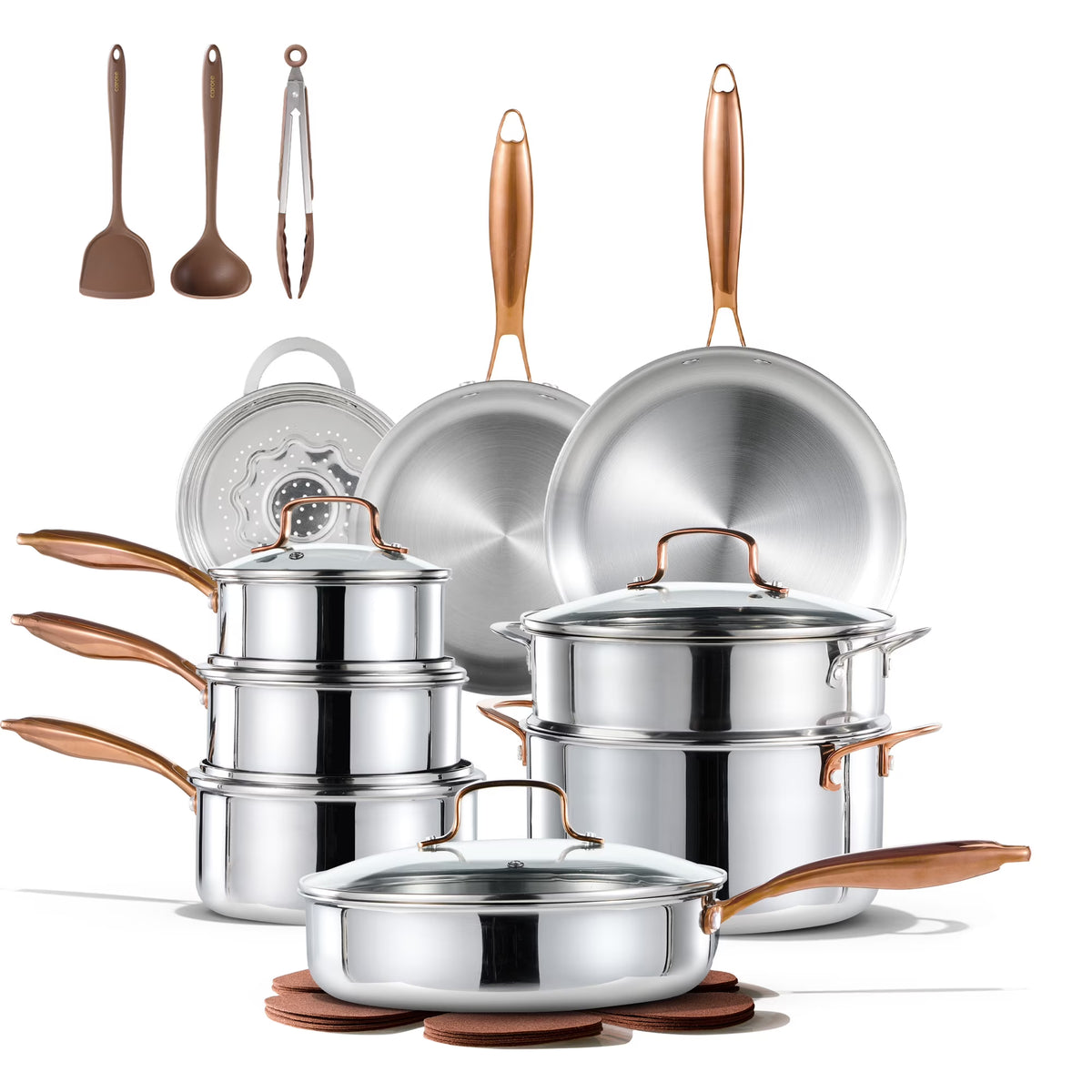 2026 NewCarote 23-Piece Tri-Ply Stainless Steel Cookware Set with Lids, Nonstick Induction Compatible Pots & Pans Set, Oven Safe