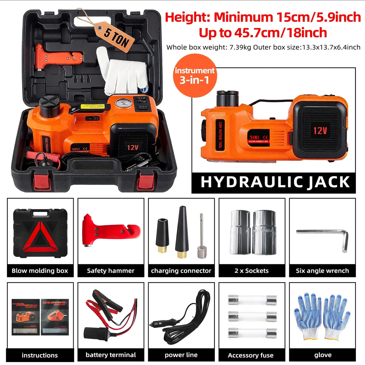 2026 NewSZTAA Electric Car Jack Lift with Air Compressor and Emergency Hammer 5 Ton/11023 lbs Hydraulic Jack for SUV Sedan Truck Change Tires Garage Repair