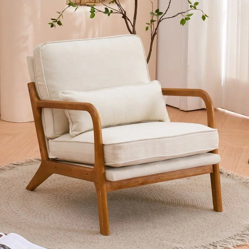 2026 NewAccent Chairs, Single Linen Lounge Reading Armchair with Solid Wood Frame, Mid Century Modern Easy Assembly Arm Chairs for Living Room-Beige