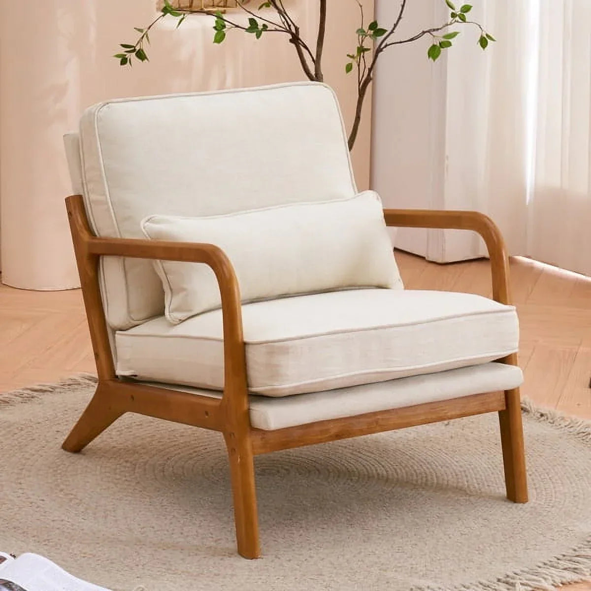 2026 NewAccent Chairs, Single Linen Lounge Reading Armchair with Solid Wood Frame, Mid Century Modern Easy Assembly Arm Chairs for Living Room-Beige