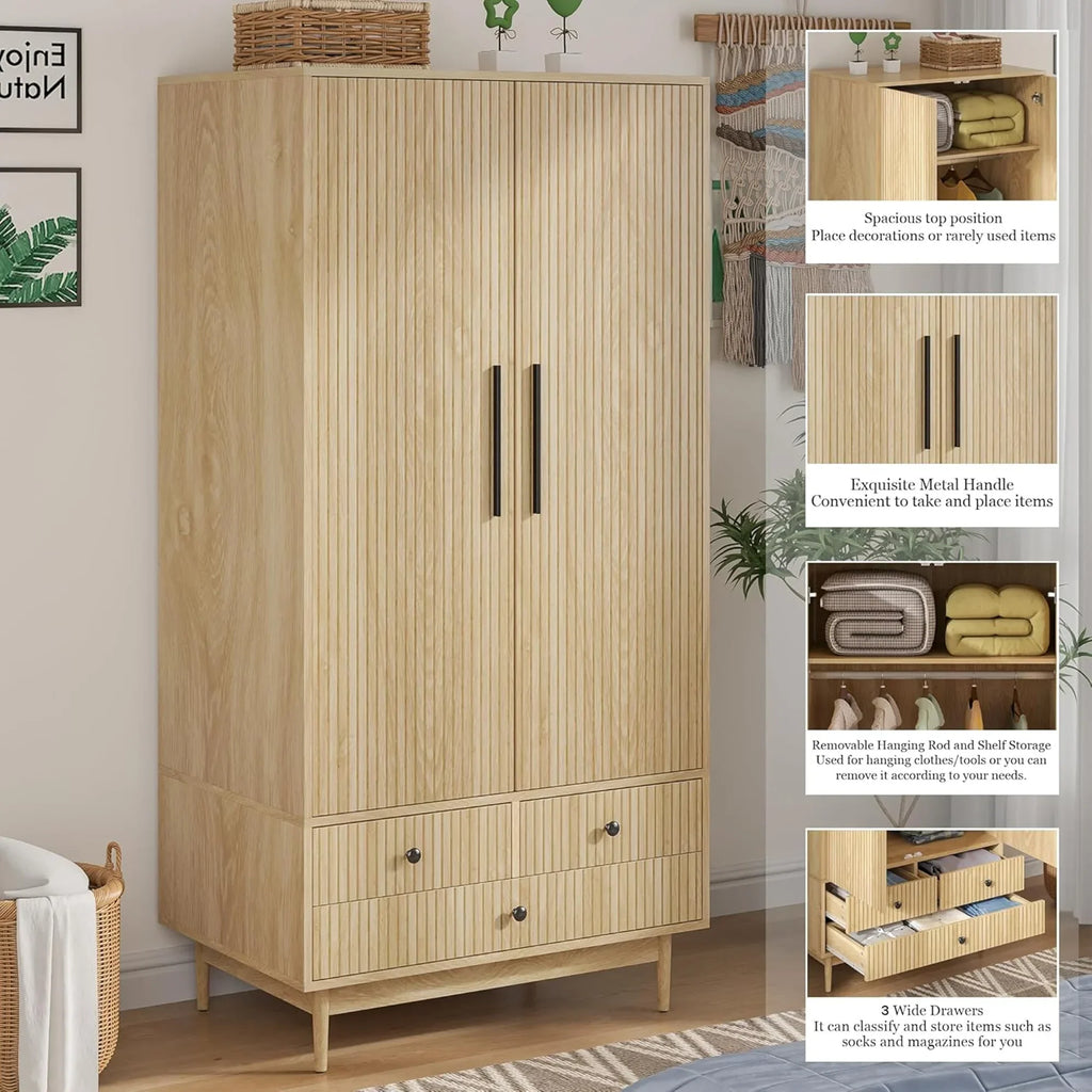 2026 NewOubayajia Wardrobe Armoire Closet, 2 Fluted Doors Wardrobe Cabinet with 3-Drawer and Hanging Rod, Wood Wardrobe Storage for Bedroom