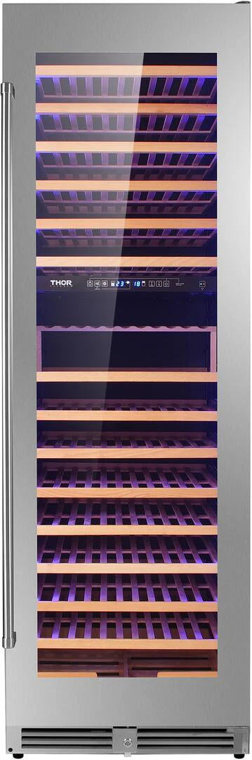 2026 Enfriador de vino Thor de 24 pulgadas, acero inoxidable, con capacidad para 162 botellas y doble zona de refrigeración.