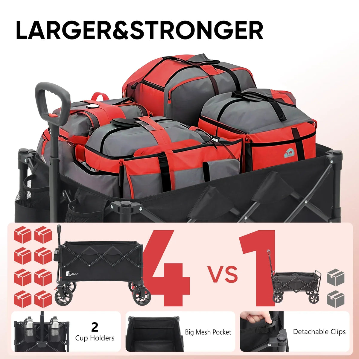 2026 NewSekey 330LBS Collapsible Wagon Cart, 220L Large Capacity Foldable Wagon, Heavy Duty Folding Utility Garden Cart with All-Terrain Wheels for Camp, Beach, Sport, Shop, Grocery (Black, 1-YEAR-WARRANTY)