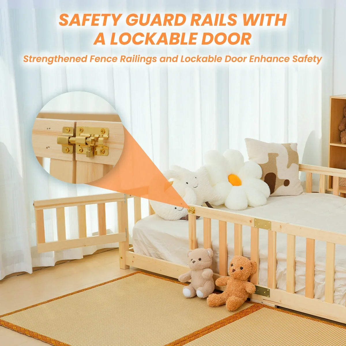 2026 NewSlsy Twin Size Toddler Floor Bed, Solid Wood Montessori Bed Frame with Fence & Door Montessori Floor Bed Crib with Safety Guardrails for Girls and Boys