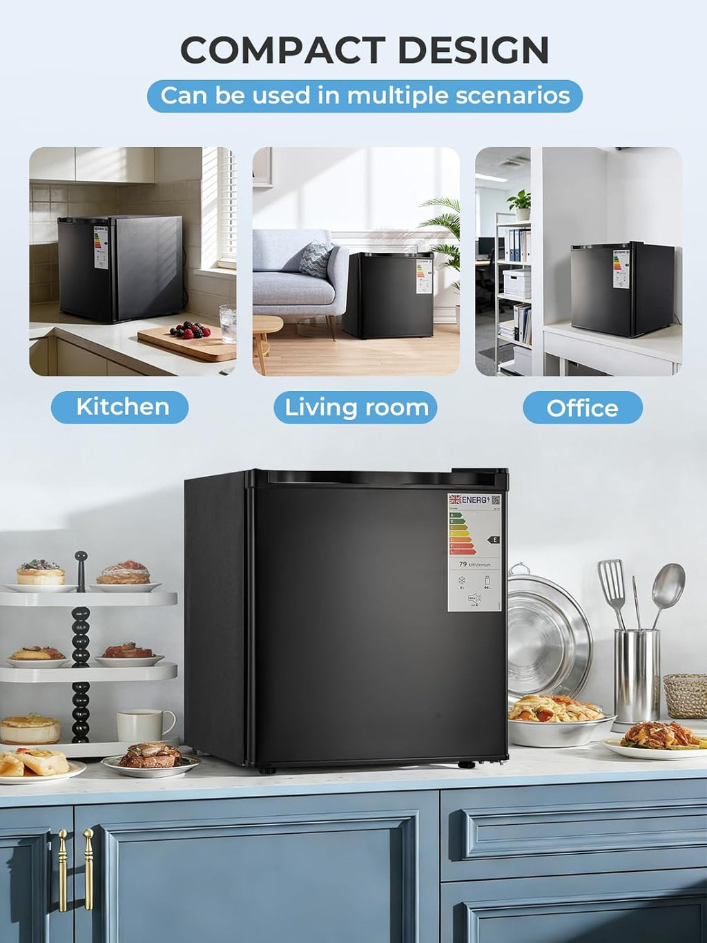 2026 Mininevera FOHERE de 46 litros, pequeña, con sistema de refrigeración de 7 etapas, de bajo consumo, súper silenciosa, puerta reversible y patas ajustables, ideal para hoteles, oficinas y apartamentos pequeños, color negro.