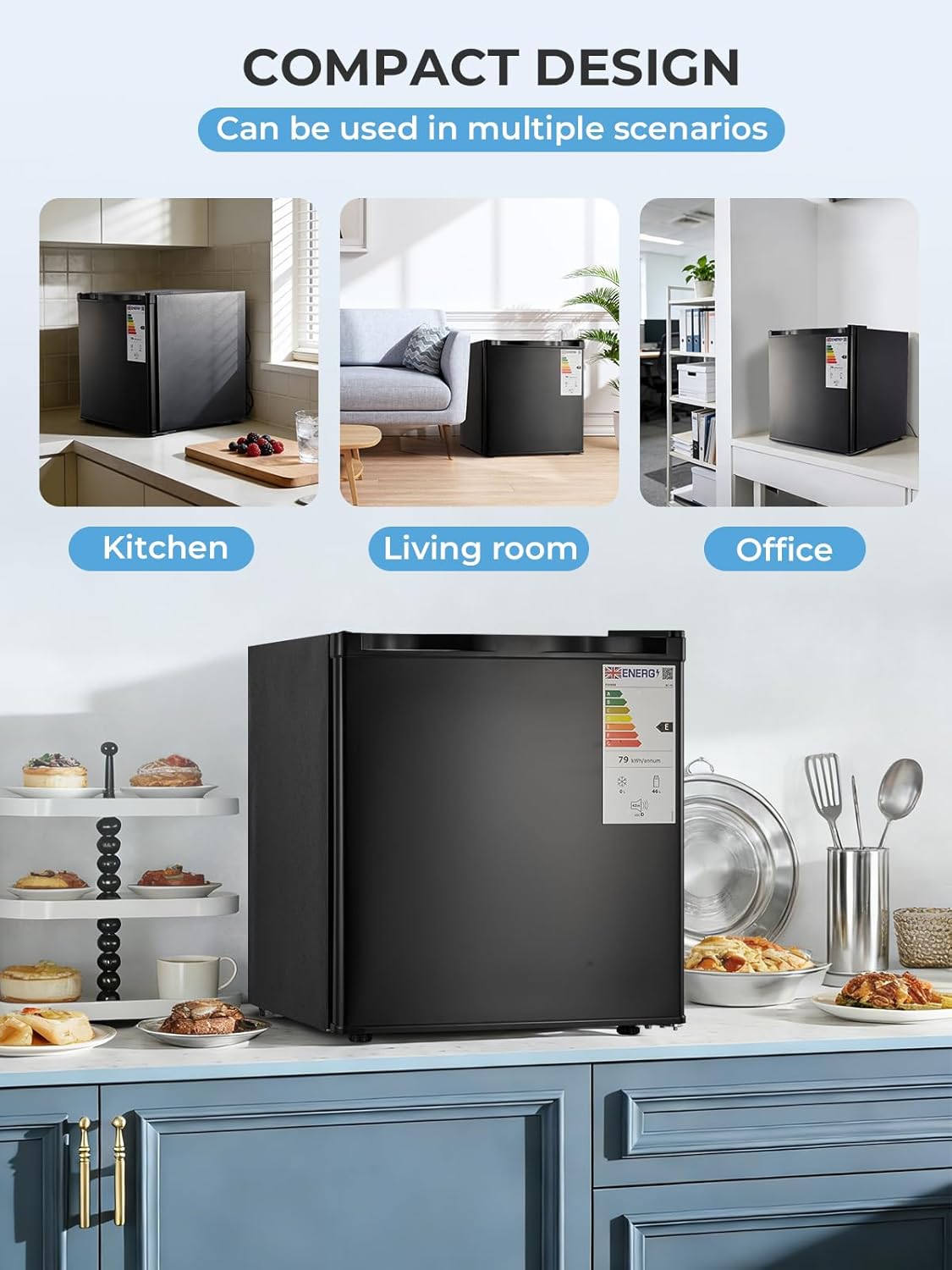 2026 Mininevera FOHERE de 46 litros, pequeña, con sistema de refrigeración de 7 etapas, de bajo consumo, súper silenciosa, puerta reversible y patas ajustables, ideal para hoteles, oficinas y apartamentos pequeños, color negro.