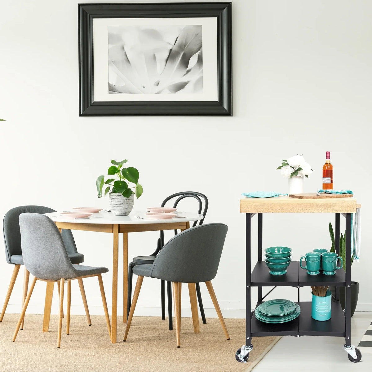 2026 NewOrigami Foldable Wheeled Portable Solid Wood Top Kitchen Island Bar Cart