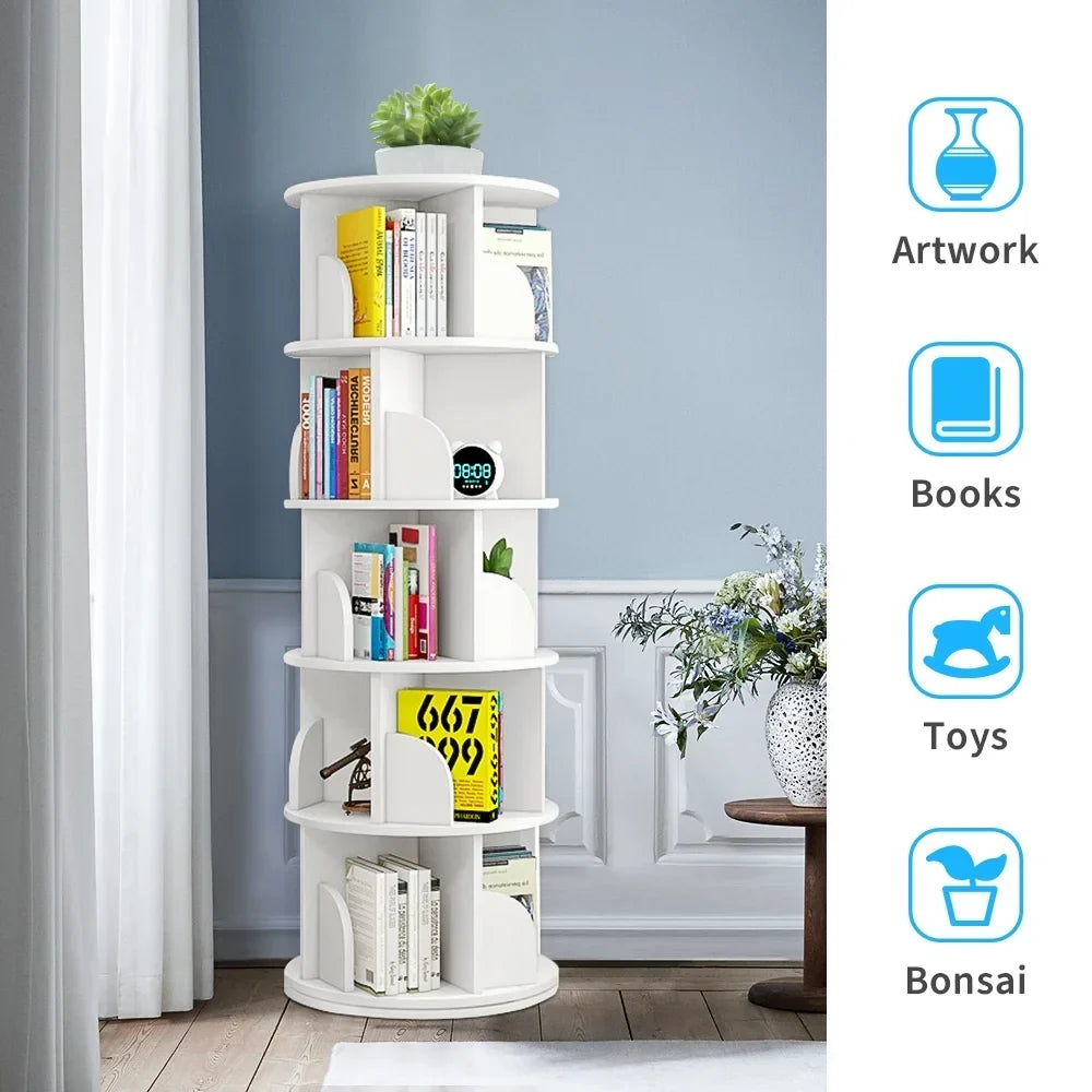 2026 NewBimiti 5 Tier Rotating Bookshelf, 360?" Revolving Bookcase 20 Shelves Floor-Standing Storage Display Rack - White 63"x18"x18", Adult