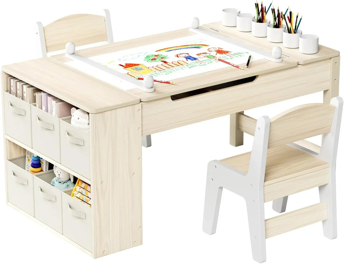 2026 NewLAZY BUDDY Kids Art Table and 2 Chairs Set, 2 in 1 Easel & Toddler Craft Table and Chairs Set with Storage Bins, Paint Cups and Paper Roll, Activity Table Set for Children 3+