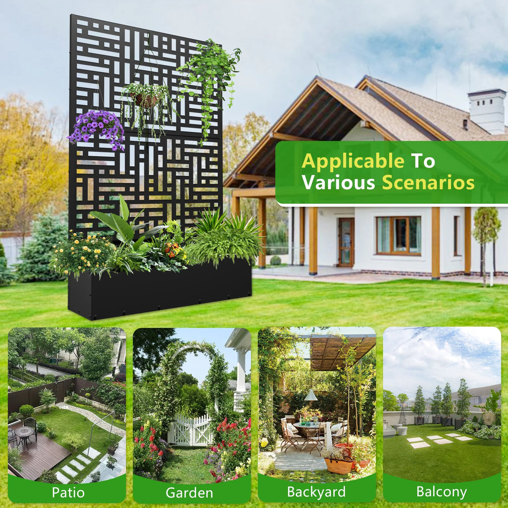 2026 Macetero metálico FOOWIN de 180 cm de alto con enrejado, jardinera elevada para exteriores para plantas trepadoras, jardinera con enrejado y orificio de drenaje, color negro.