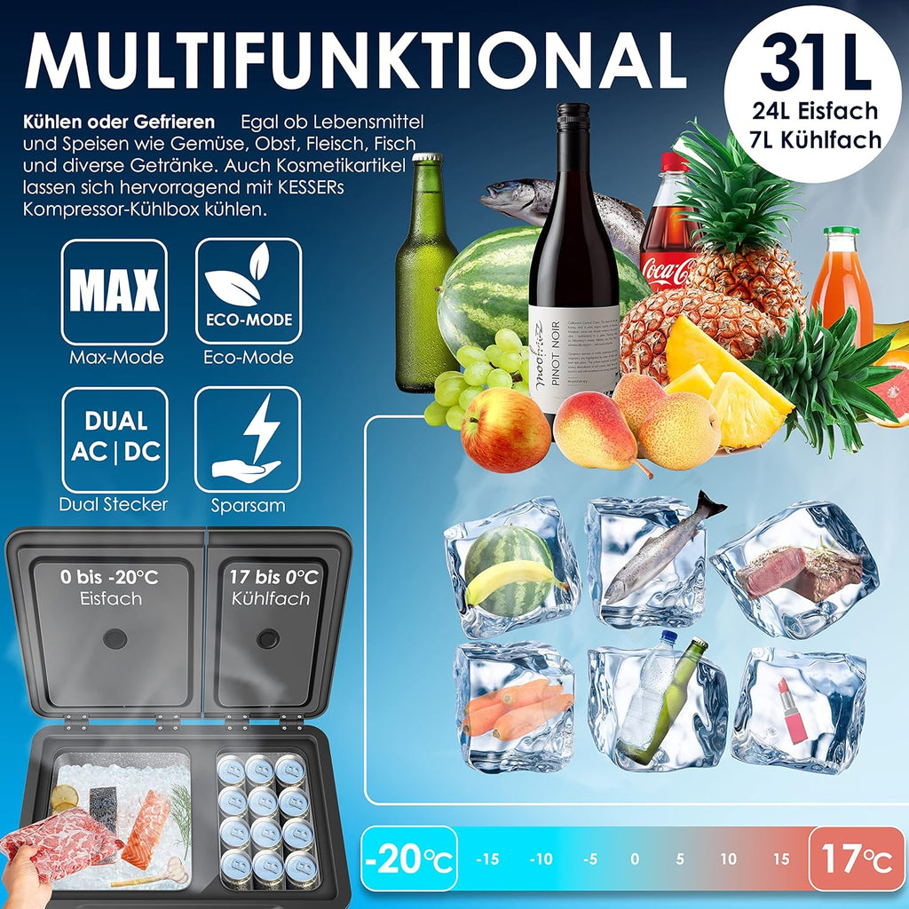2026 Nevera portátil con compresor KESSER 2 en 1, doble zona de refrigeración y congelación, con 2 acumuladores de frío y control táctil LED | Refrigerador con capacidad de enfriamiento hasta -20 °C para camping, coche y camión, 12/24 V 230 V