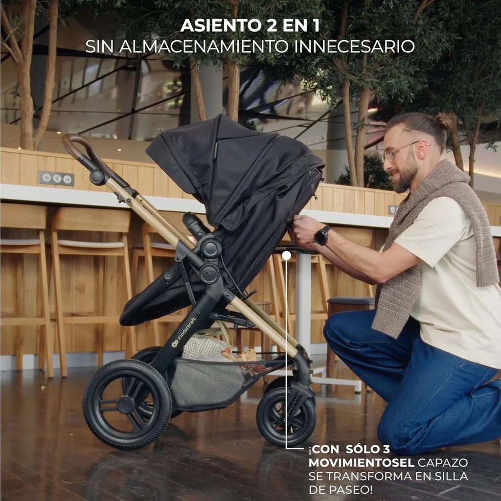 2026 Kinderkraft MOOV XL 3 en 1, Carrito bebé hasta 27 kg, Carro, Con Asiento I-SIZE 40-75 cm, Plegable, Amortiguación, Convertible, Capazo XL, Con accesorios, Gris Claro