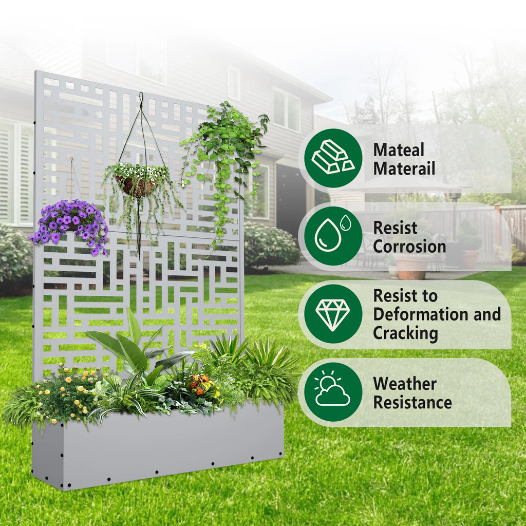 2026 Macetero metálico FOOWIN de 180 cm de alto con enrejado, jardinera elevada para exteriores para plantas trepadoras, jardinera con enrejado y orificio de drenaje, color negro.