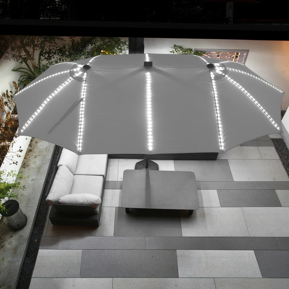2026 NewMondawe 15ft Patio Umbrella, Large Double-Sided Solar LED Outdoor Umbrella with Fiberglass Ribs and Base for Deck Pool, Navy Blue