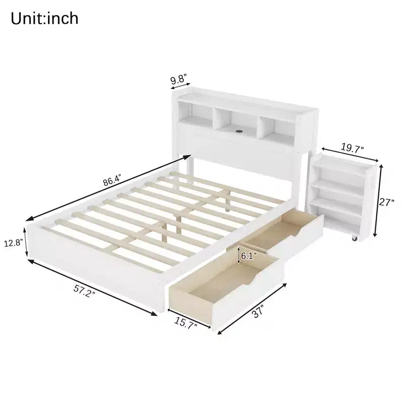 2026 Cama plataforma moderna de madera con cajones de almacenamiento y cabecero LED, natural/blanco, Twin/Full