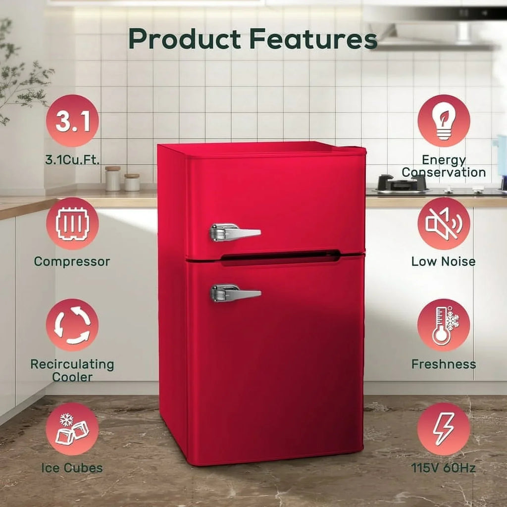 2026 NewAuseo 3.1 Cu.Ft Double Door Mini Fridge with Freezer, Compact Retro Refrigerator for Dorm, Office, Bar, Bedroom, Black