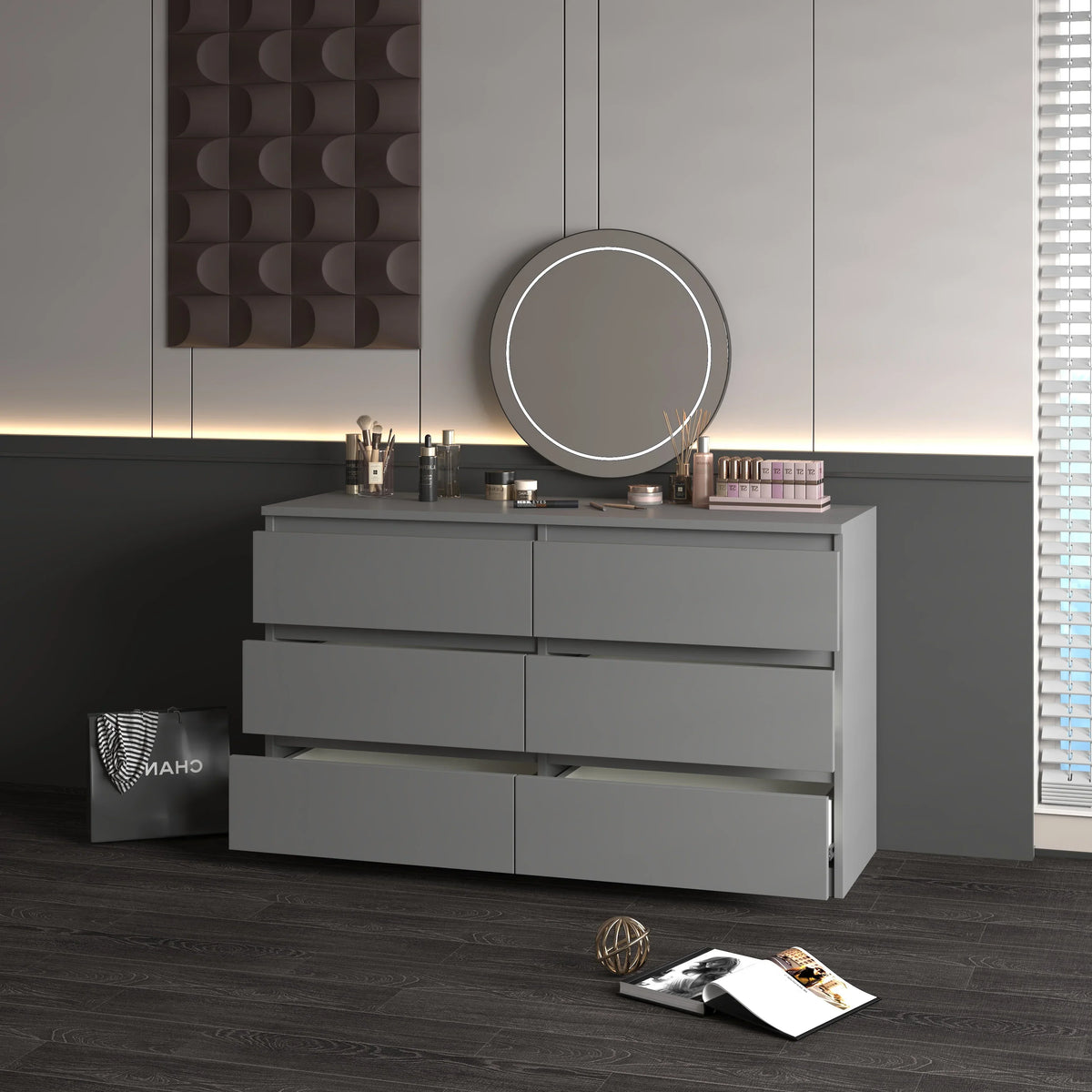 2026 NewResenkos Modern Mid Century 6 Drawer Wide Dressers Chests for Bedroom, Chest of Drawer Organizer Grey