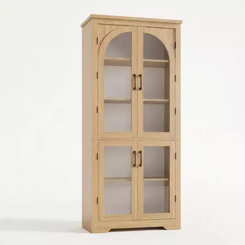 2026 Armario despensa de 70" natural/blanco con 4 puertas de cristal arqueadas y estantes ajustables