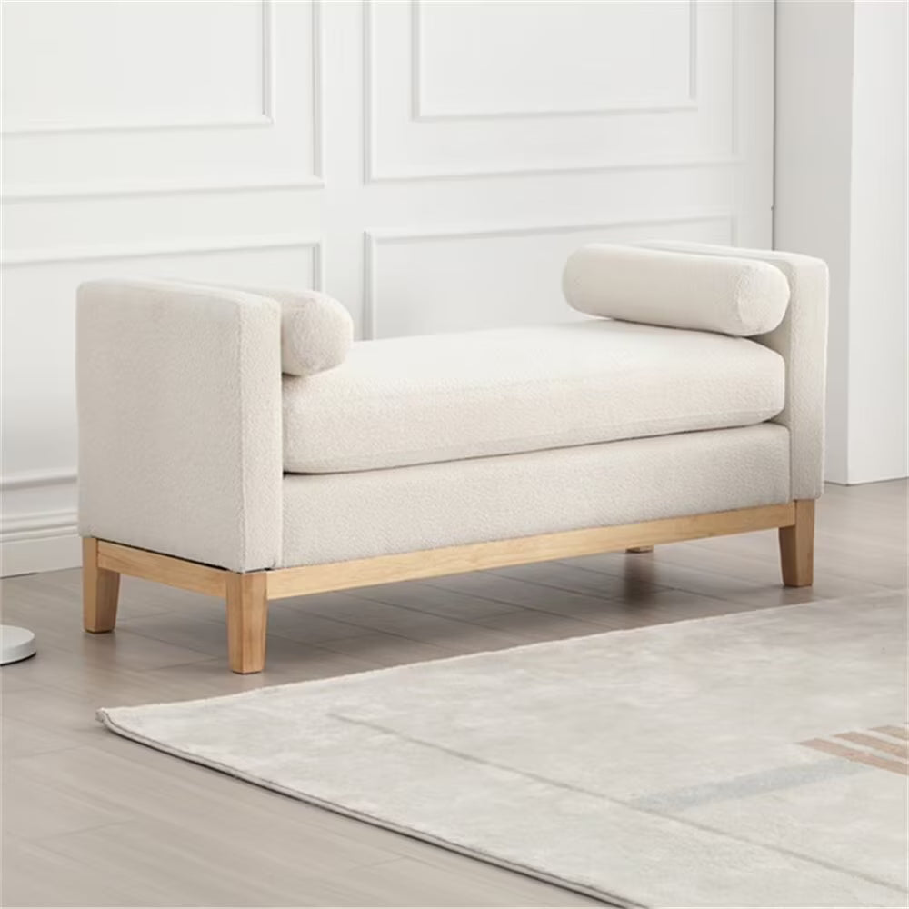 2026 NewEnd of Bed Bench, 53.5" Boucle Fabric Upholstered Entryway Bench with Wood Legs & Bolster Pillows, Rolled Arm Cushioned Ottoman Foot Rest Long Stool Window Extra Seating for Bedroom, Ivory