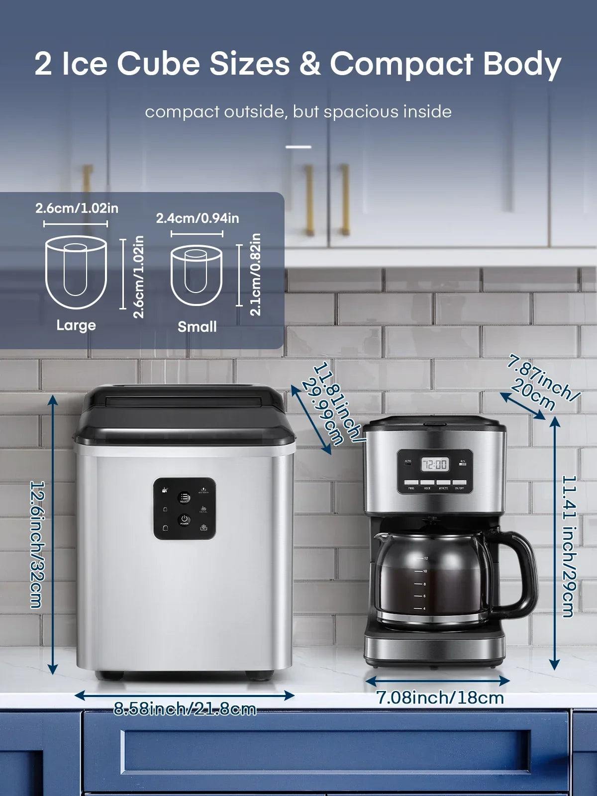 2026 NewFOHERE Ice Maker Countertop 2 Sizes, 28lbs in 24h, 9 Bullet Ice in 6M, Selfclean, Stainless Steel