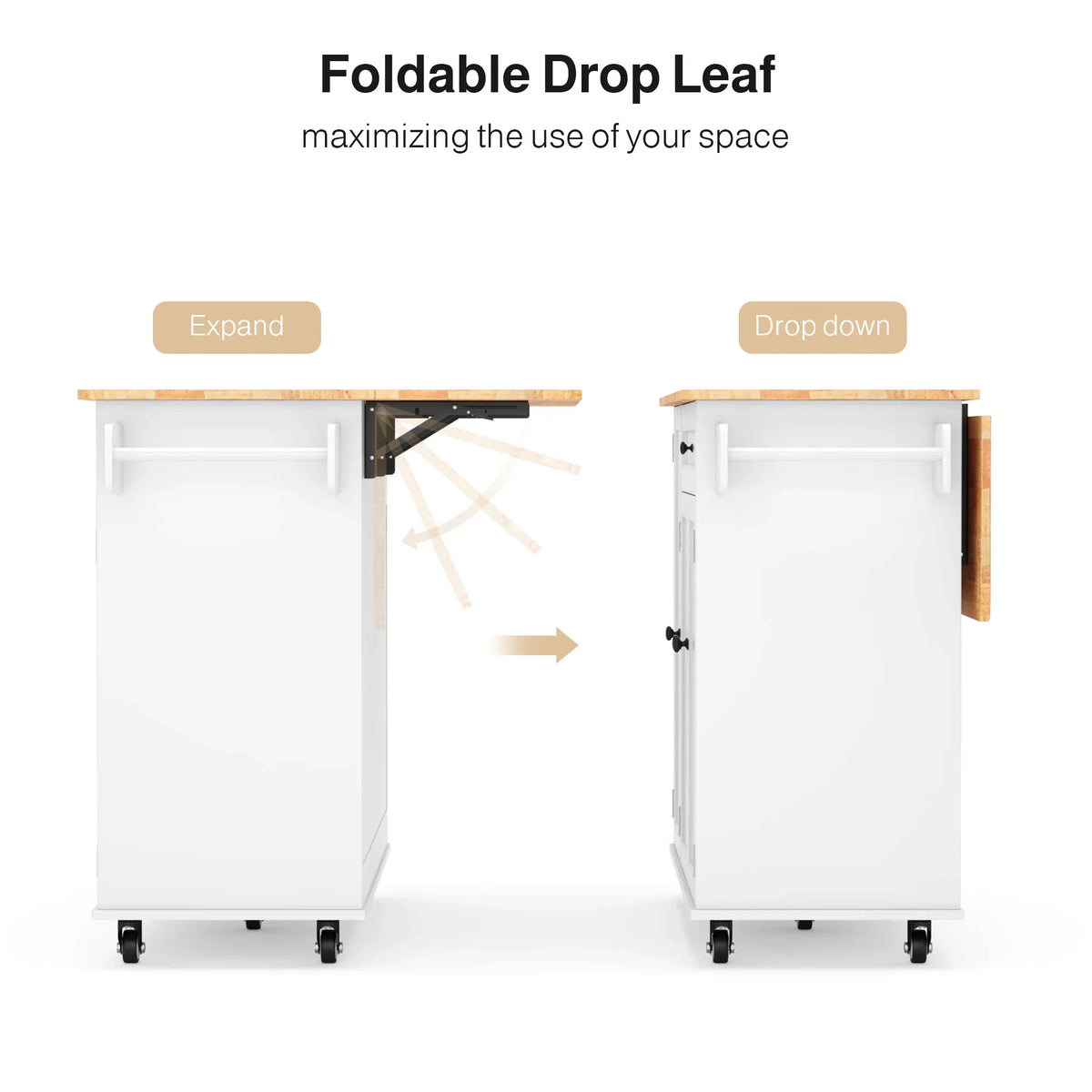 2026 NewNoelse Kitchen Island with Storage, Island Table for Kitchen with Drop Leaf, Spice Rack, Towel Bar for Small Kitchens, White